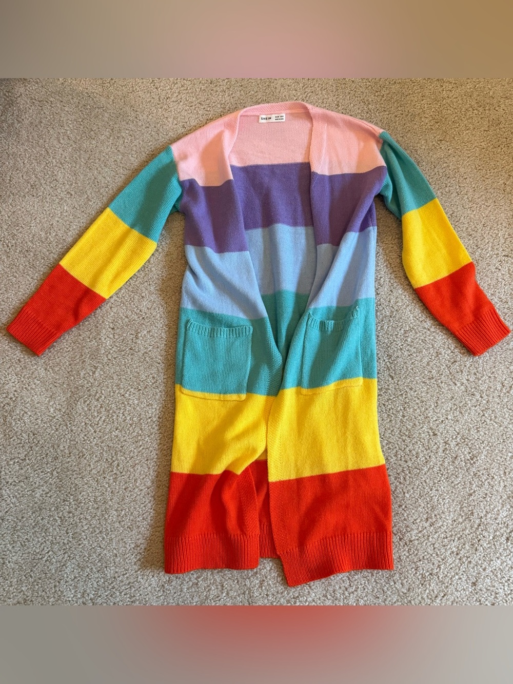 SHEIN Rainbow Striped Open Cardigan - Pink, Purple, Blue, Teal, Yellow, Red